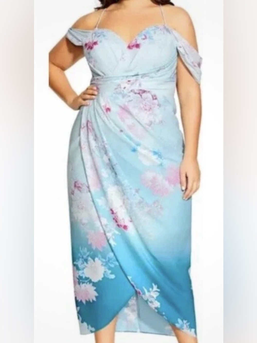 City Chic Light Blue Floral Wrap Maxi Dress with Pink Accents
